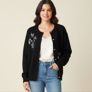 Vintage Black Beaded Cardigan M/L Embellished Floral Sequins Whimsy